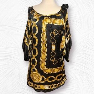 Y2K Designer Joy Han 100% Silk dress Black w/ Gold Chain Print